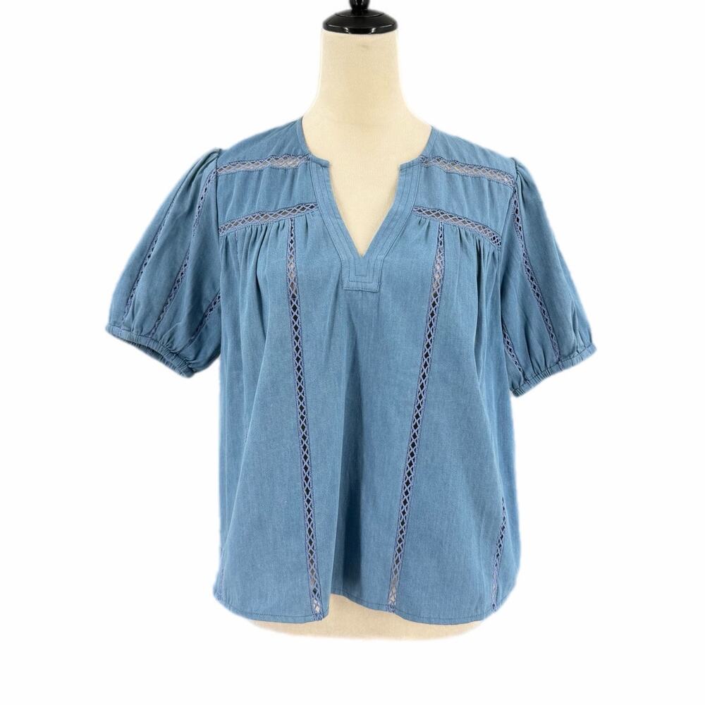 Current Air NEW Blue Crochet Lace Chambray Country Western Boho Boxy Blouse Top